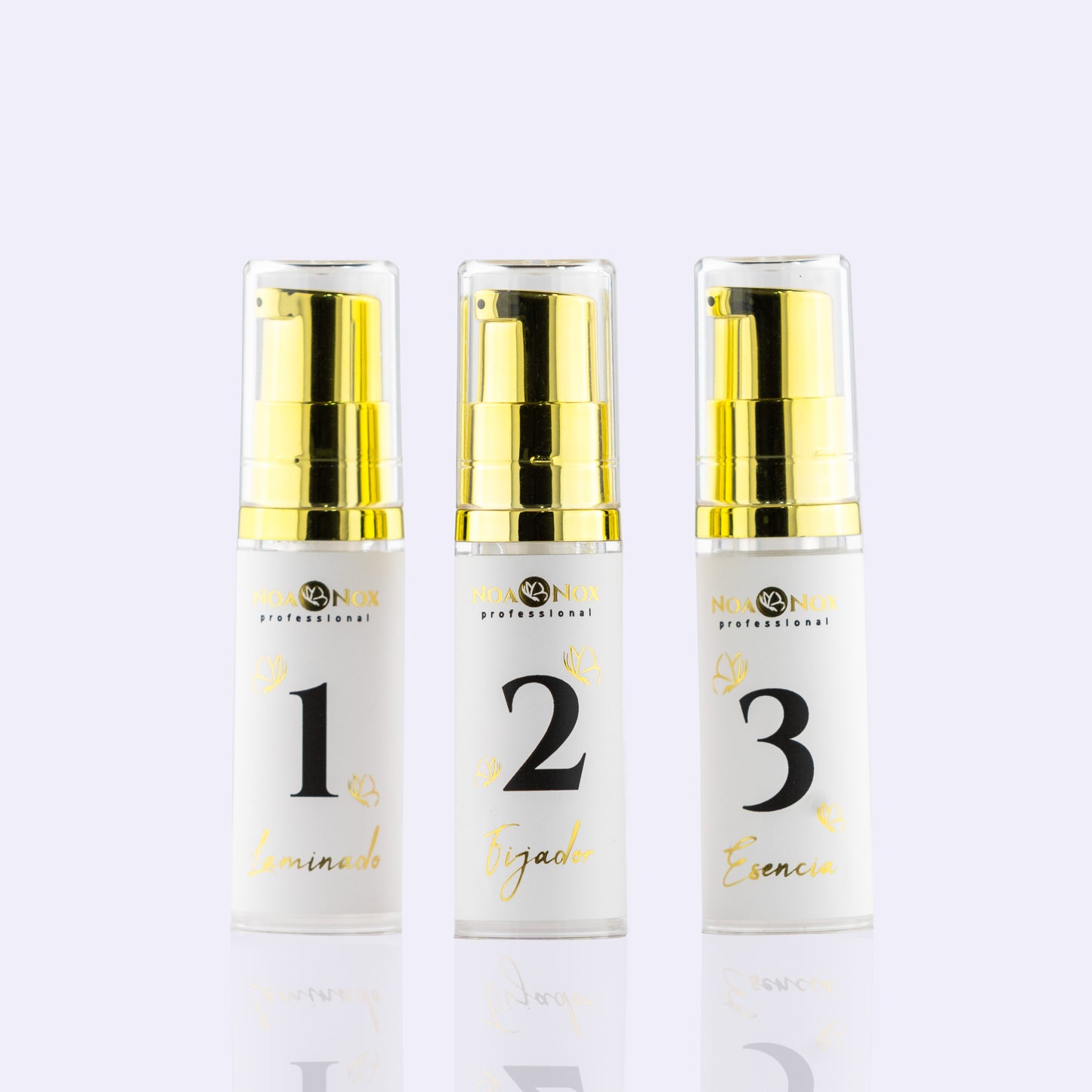 Pasos 1, 2 y 3 de lifting y laminado de cejas para 15 servicios