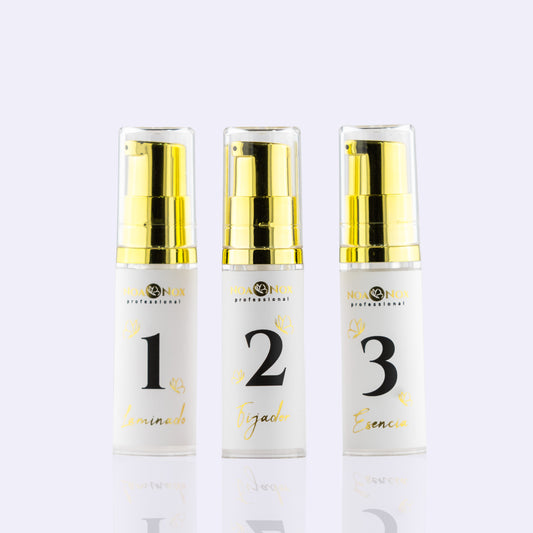 Pasos 1, 2 y 3 de lifting y laminado de cejas para 15 servicios